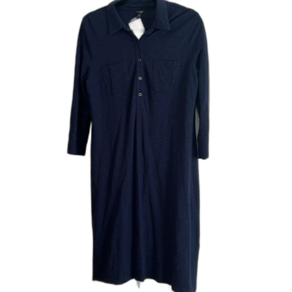 Talbots Navy Cotton Blend Button 3/4 Sleeve Shirt Dress Chest pockets Size Med - Picture 1 of 12